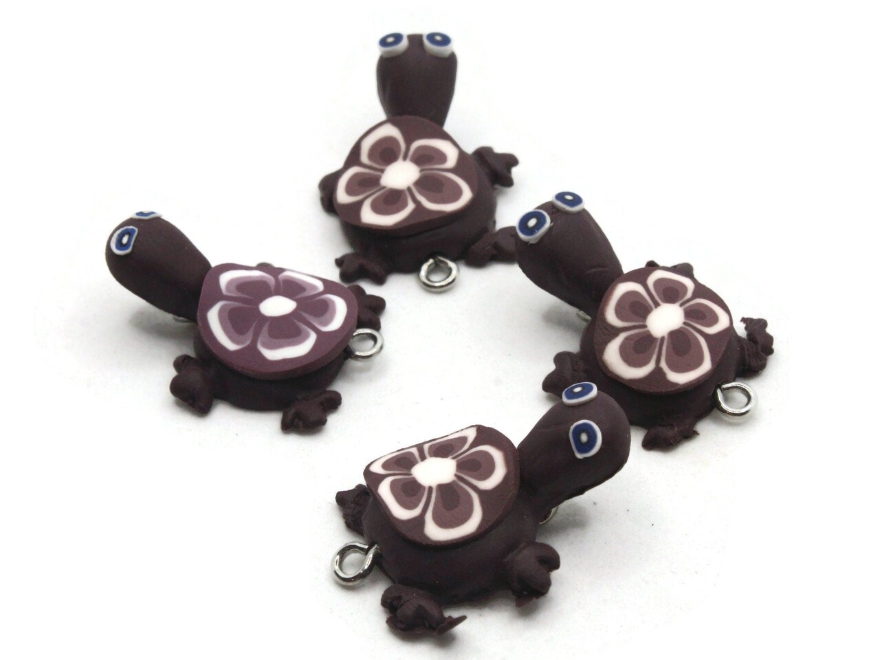 4 25mm Purple Turtles with Flower on the Shell Polymer Clay Tortoise Links